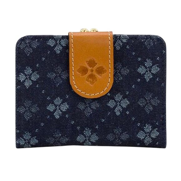 NWT PATRICIA NASH Iberia Wallet Signature Floret BLUE DENIM & TAN LEATHER RFID - Picture 1 of 6